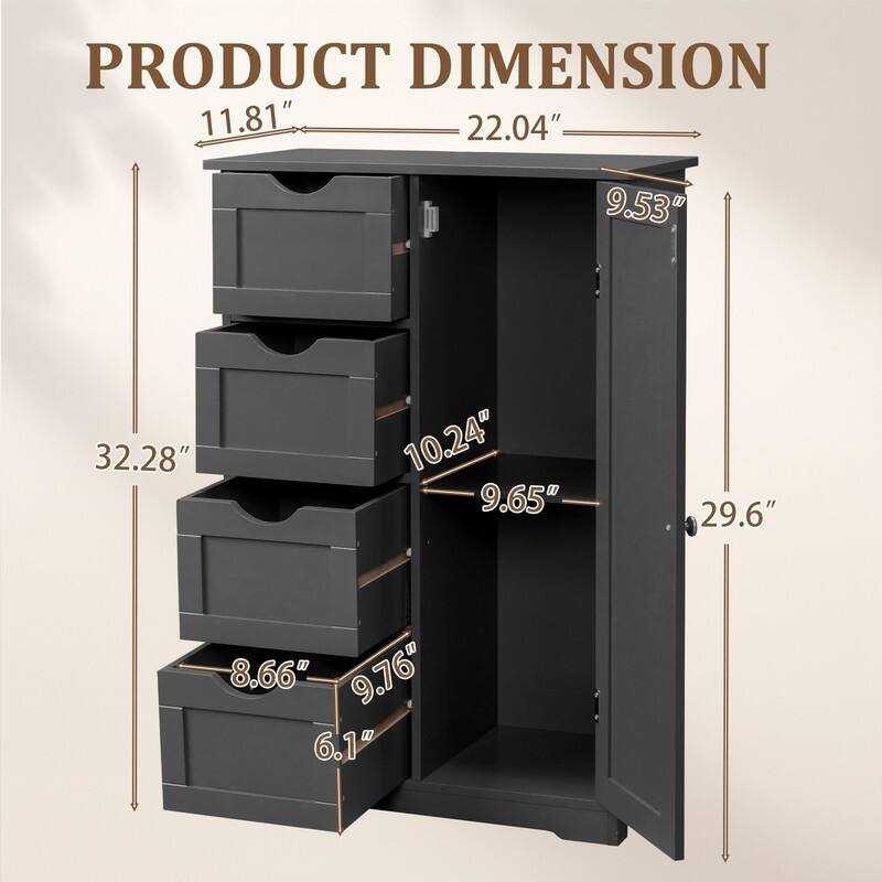 Black Bathroom Storage Cabinet with 4 Drawers and 1 Door