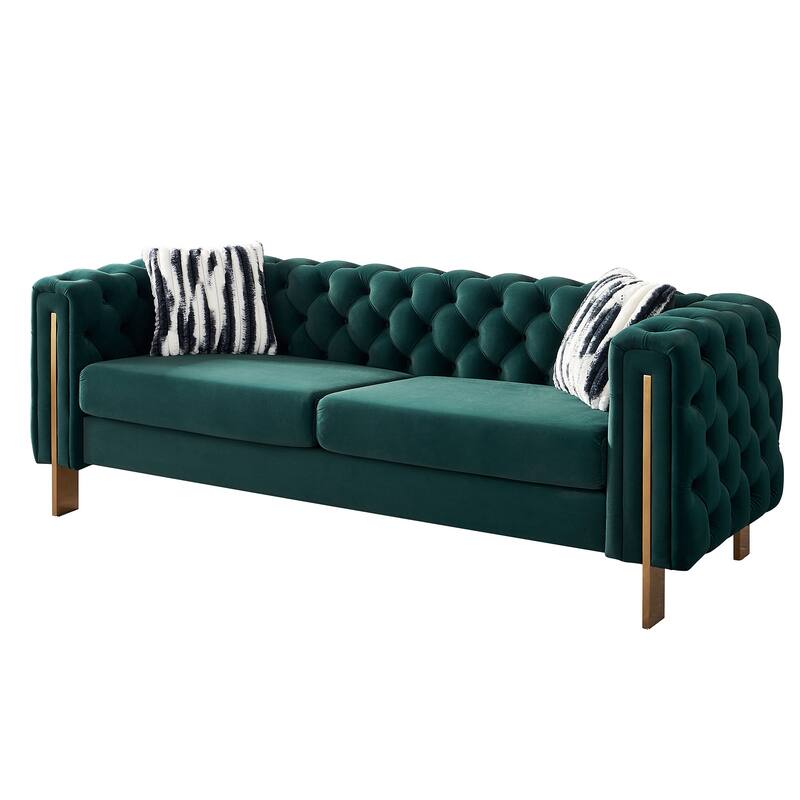 Velvet Tufted Sofa with Gold Metal Legs & Toss Pillows - 84" Width - Green