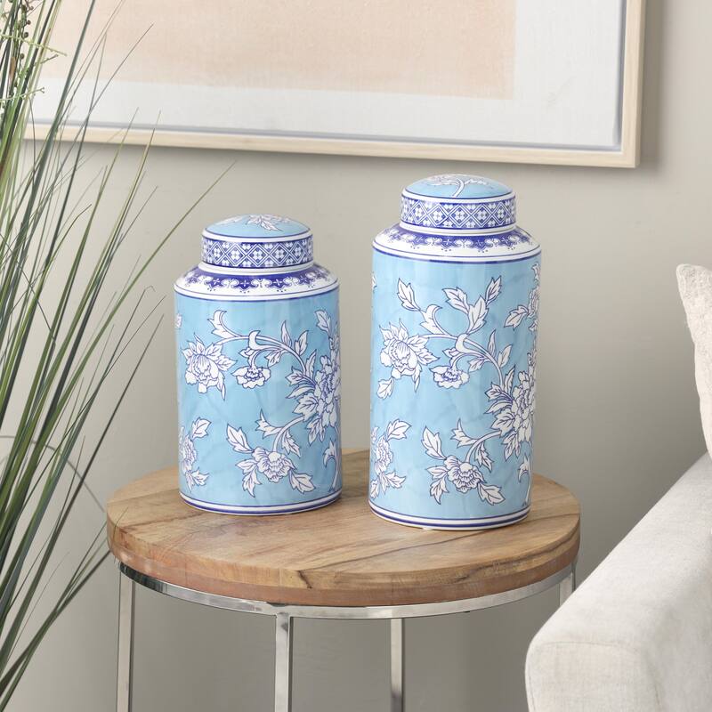 Ceramic Geometric or Floral Living Room Decorative Jars - Set of 2 White, Gold, Silver, Black, Blue - Roche River Decor