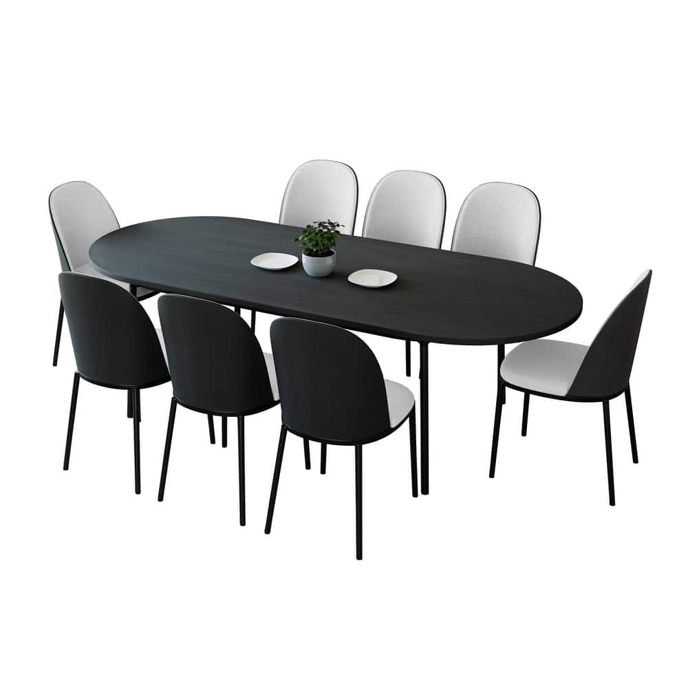 Tule Modern 9-Piece Dining Set with Solid Wood Top Oval Dining Table and Fabric Upholstered Black Steel Legs