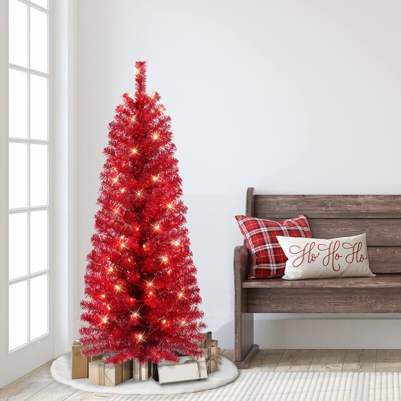 Puleo International 4.5 ft. Pre-lit Red Tinsel Tree