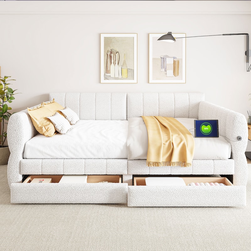 Modern Fabric Upholstered Daybed Queen Size Sofa Bed Frame with Backrest and Armrests, USB Charging Ports, No Box Spring Needed - White with 2 Drawers - Queen