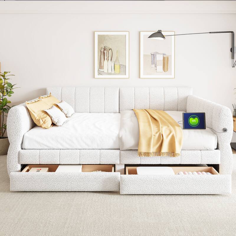 Queen Size Upholstered Platform Bed with USB and 2 Drawers, White
