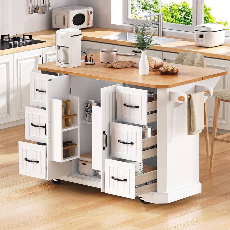 Kitchen Island with Rubber Wood Veneer Drop Leaf, Power Outlet, 4 Door Shelves