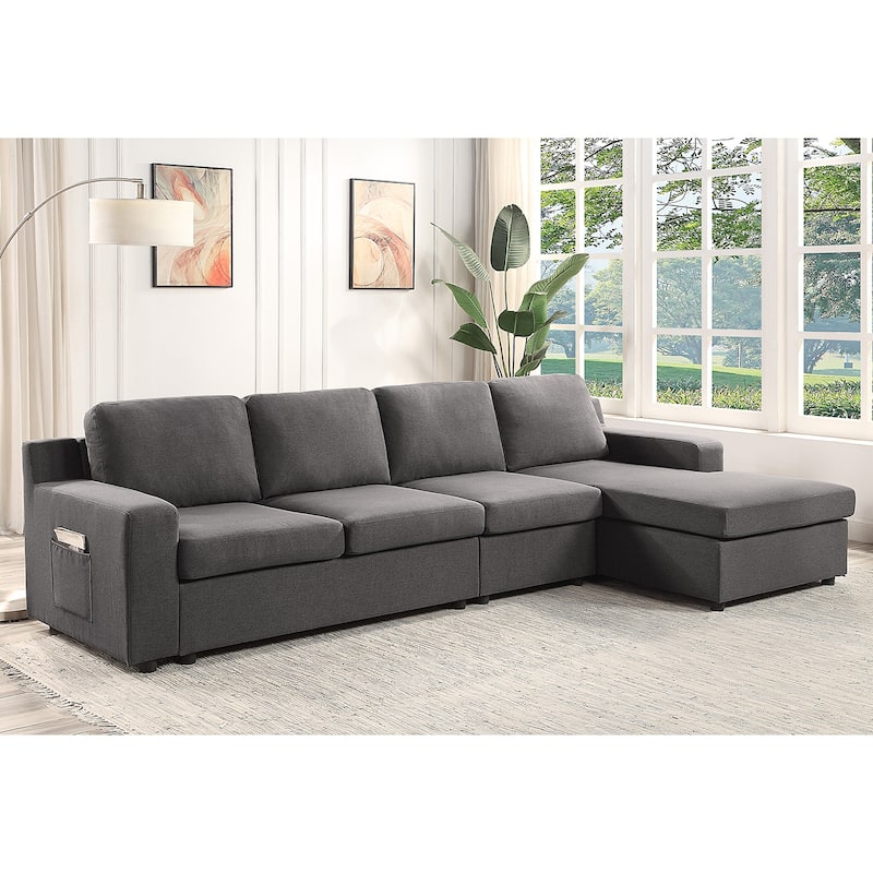 Linen 4-Seater Sectional Sofa Chaise with Pocket in Gray