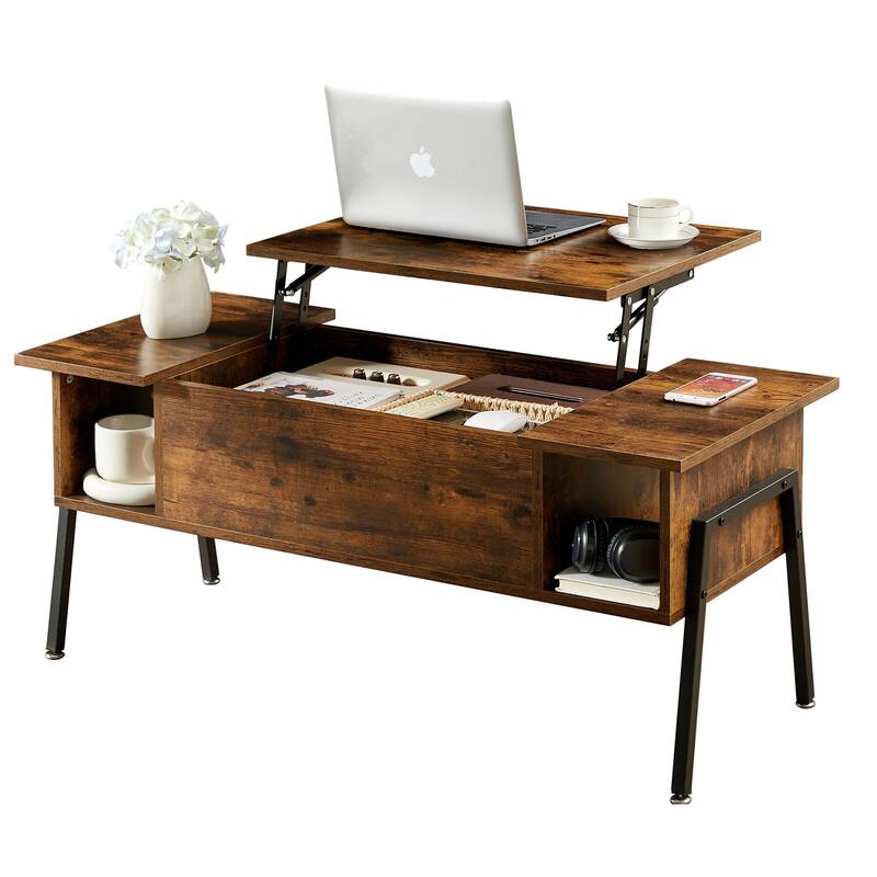 VECELO Modern Lift Top Coffee Table with Hidden Storage 2 Side Shelves Space-Saving Design for Living Room - Brown