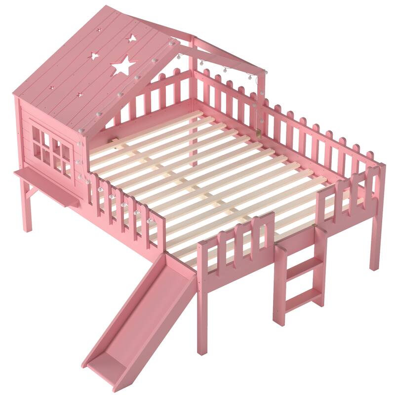 Full Size House Loft Bed with Slide,Playhouse Bed with Star Moon-shaped Designs and Window, Chic Design with LED Lights