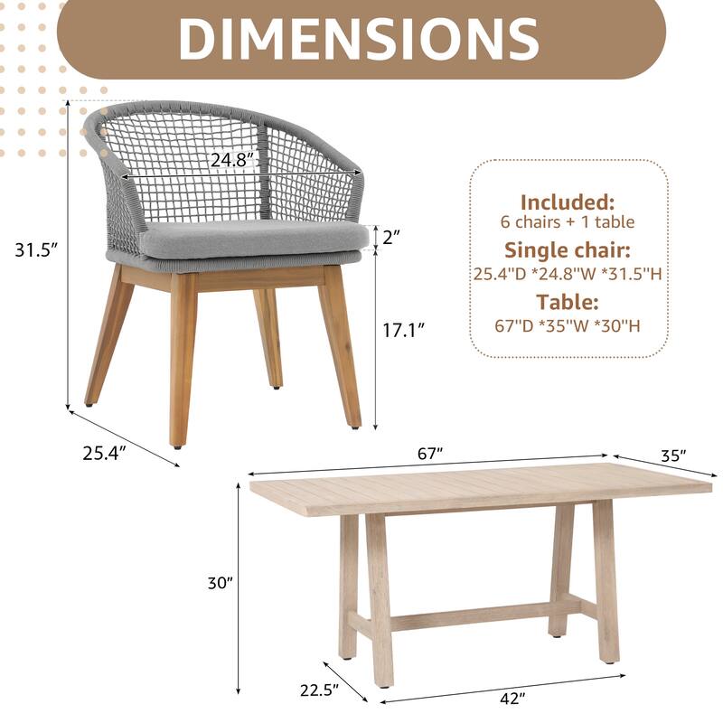 Outdoor 7-Piece Woven Rope Dining Chair and Wood Table Set