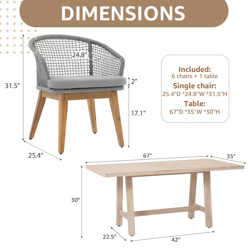 Outdoor Patio 7-Piece Set With Rope-Woven Dining Chairs and Dining Table Set