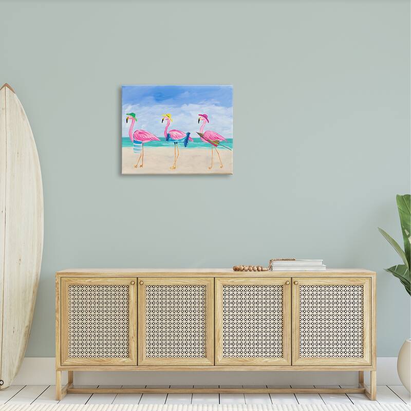 Stupell Cute Pink Flamingos Beach Attire Strolling Coast Illustration Canvas Wall Art