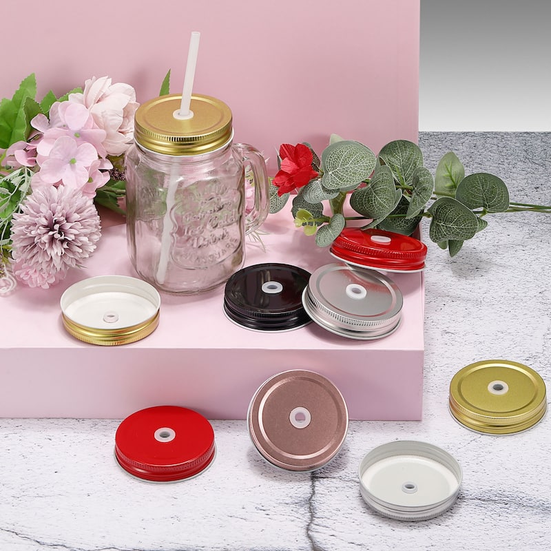 70mm/2.76" Tin Plate Mason Jar Lids with Straw Hole Canning Cap, 10Pcs