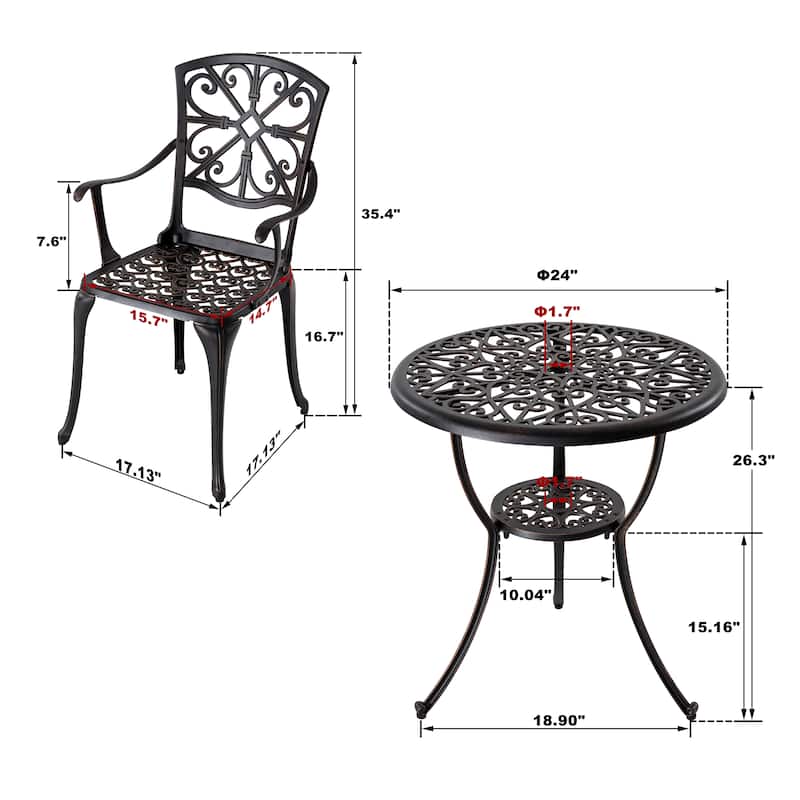 Outdoor 3-Piece Cast Aluminum Patio Set with 1.77" Umbrella Hole