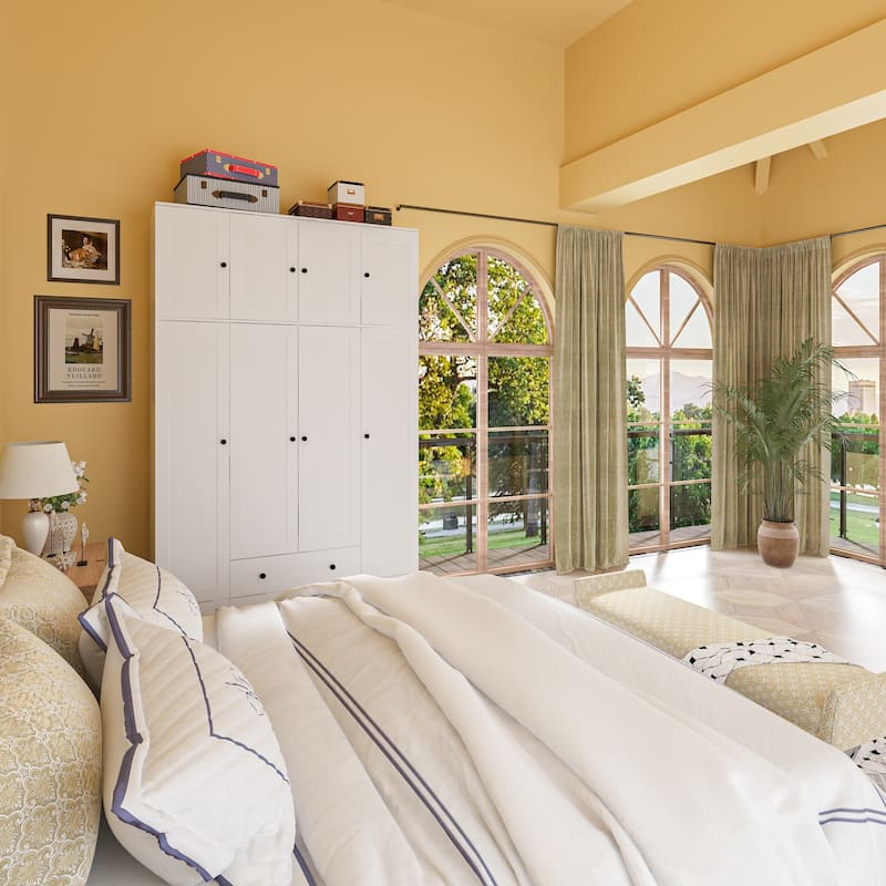 Modern 4-Door Wood Bedroom Armoire in White Closet Cabinet Wardrobe