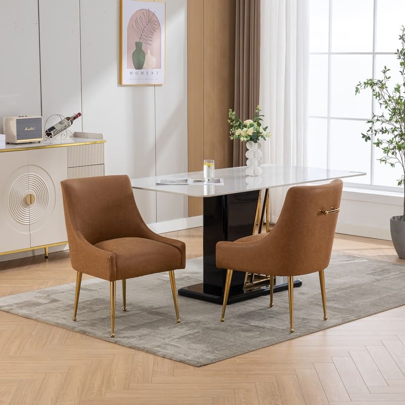 SEYNAR Modern Glam PU Leather Dining Chair or Vanity Chair Set of 2 with Rear Handle - Brown