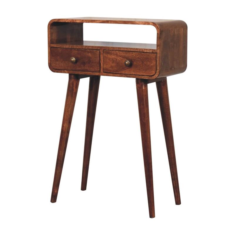 Artisan Furniture Solid Wood Mini Curved Honey Caramel Console Table, Brown with 2 Drawers