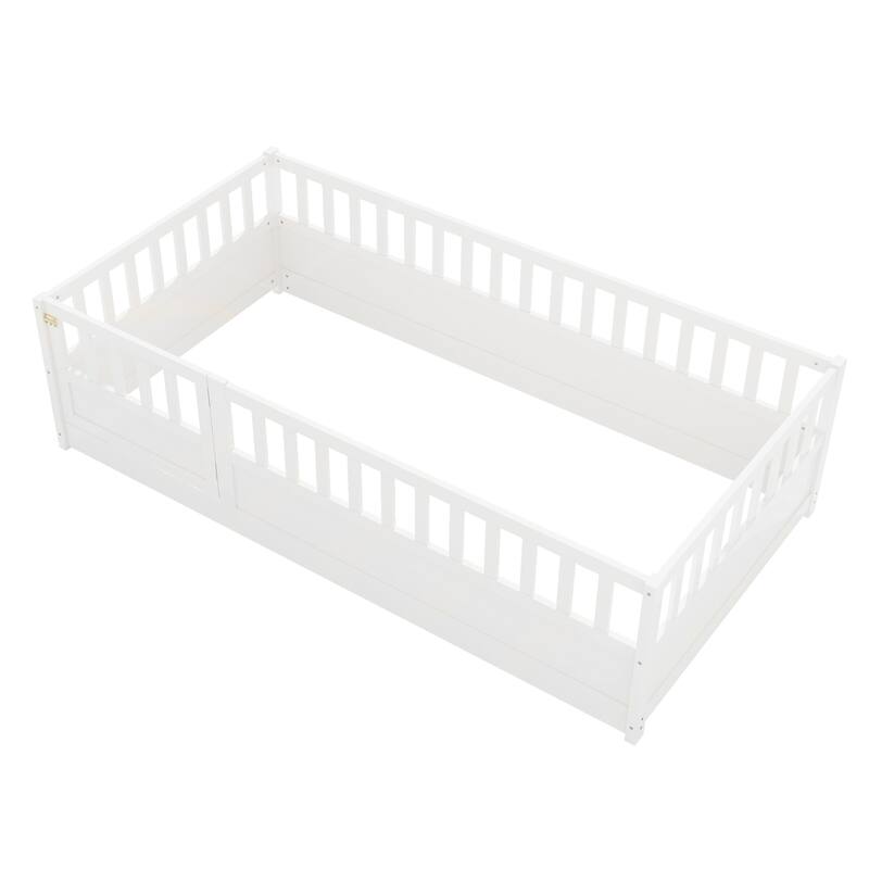 Floor Bed Pine Wood Bed Frame with Fence and Door Easy Assembly