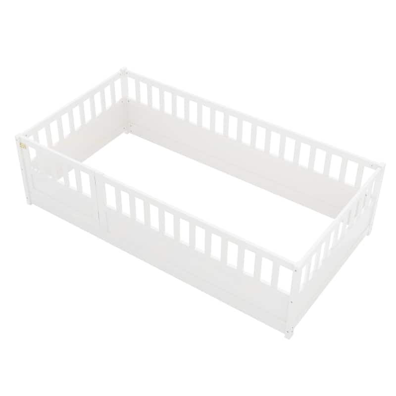 Twin Size Pine Wood Floor Bed, Integral Construction with Super High Security Barrier, Door, Children's Floor Bed Frame
