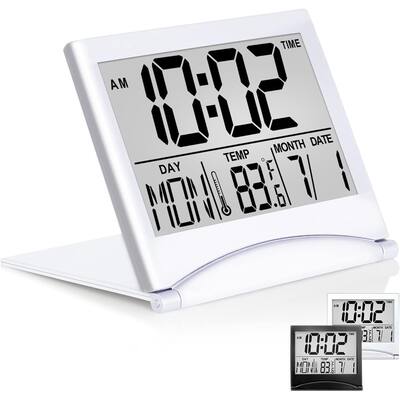 Foldable Travel Alarm Clock - Silver LCD Desk Clock
