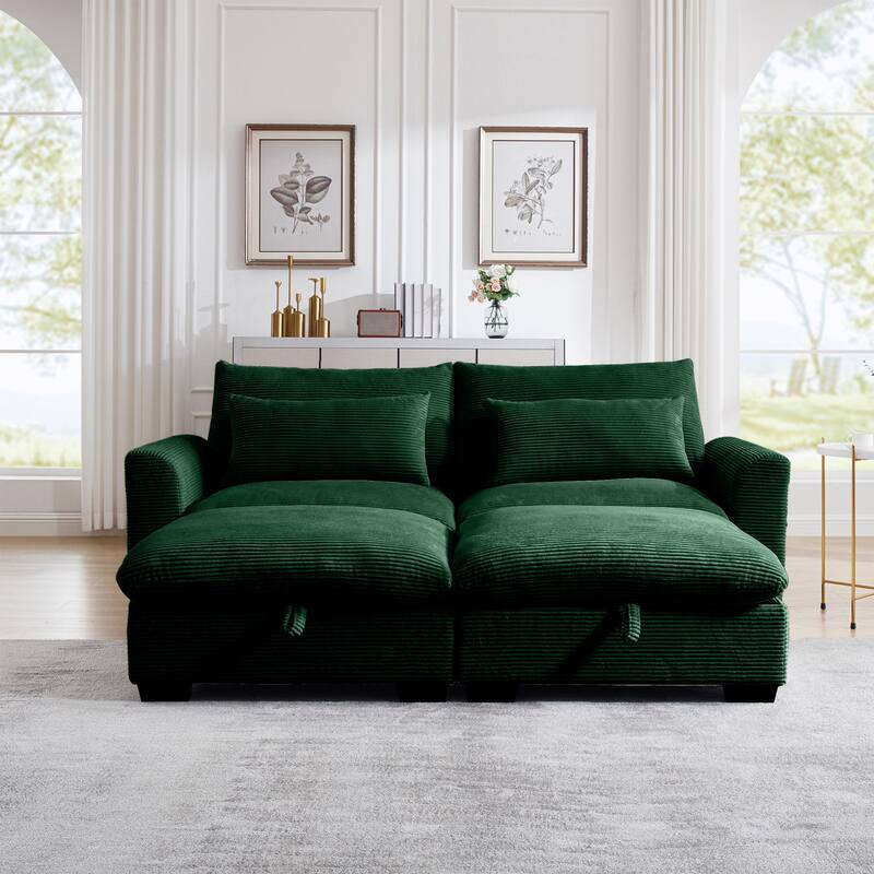 Corduroy Loveseat Sofa Couch with Storage Ottomans, Modern Sectional 2 Seater Sofa with Deep Seat, Pillows for Small Spaces