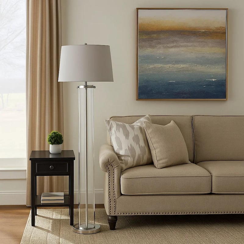 Axie 60 Inch Floor Lamp, Clear Glass Stand, Empire Shade, Metal, Nickel