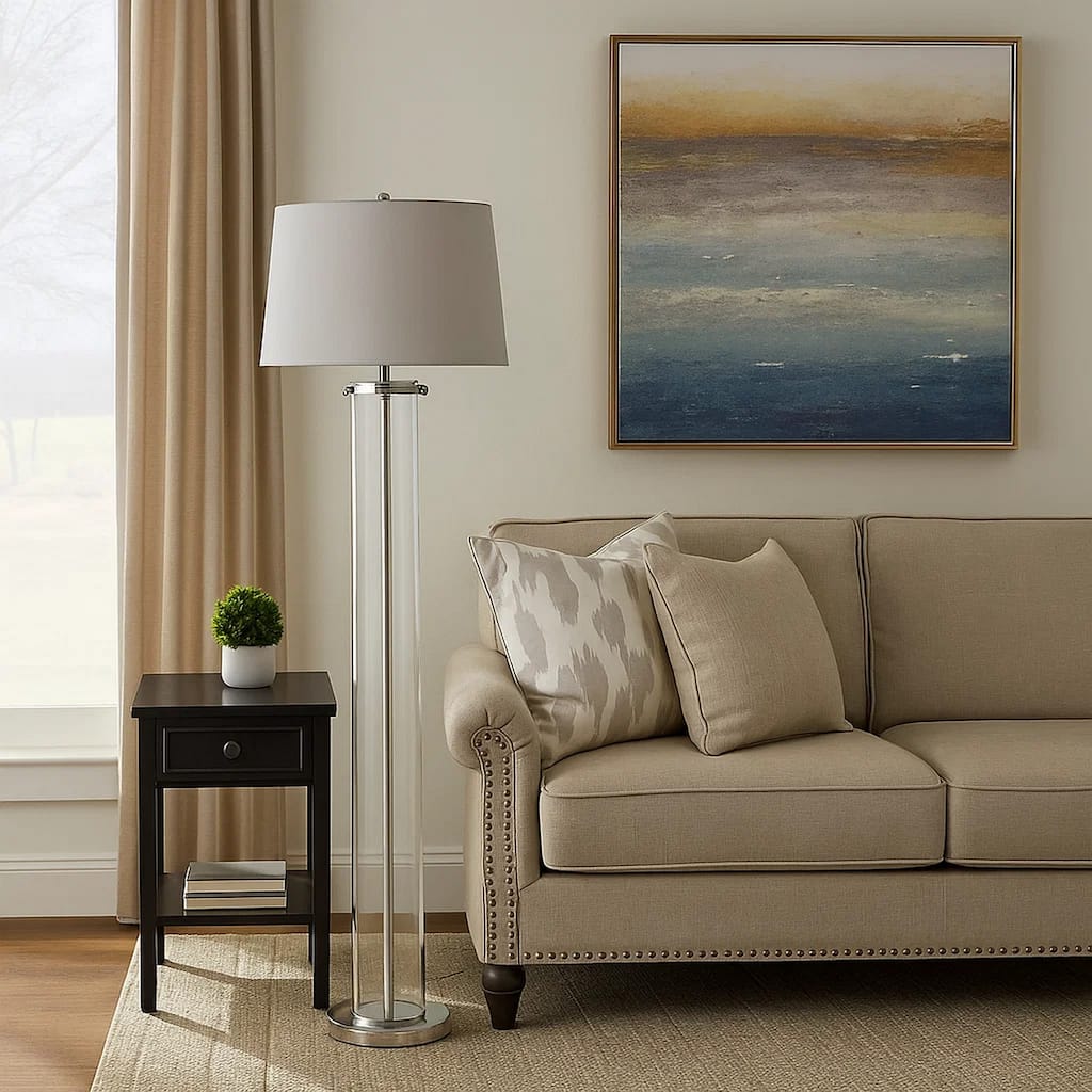 Axie 60 Inch Floor Lamp, Clear Glass Stand, Empire Shade, Metal, Nickel