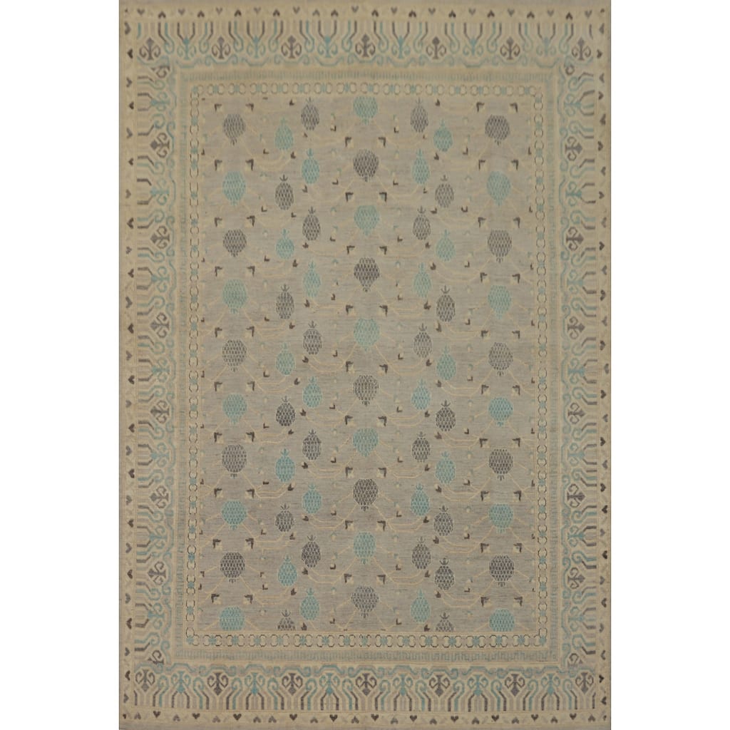 Hand Knotted Oriental 100% Wool Carpet Transitional All-Over Greys & Charcoal Oushak Area Rug - 9' 10'' X 7' 9''