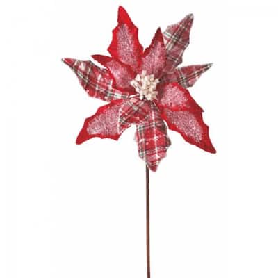 Frosted Plaid And Velvet Poinsettia Stem Artificial Flower