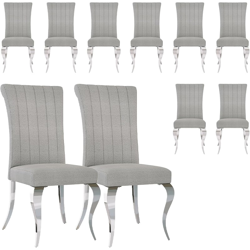 Luxurious Grey Upholstered Dining Chairs with Mirrored Silver Cabriole Legs - Set of 10 - Silver