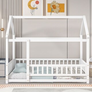Twin Pine Wood House-Shaped Floor Bed with Fence & Guardrails, White