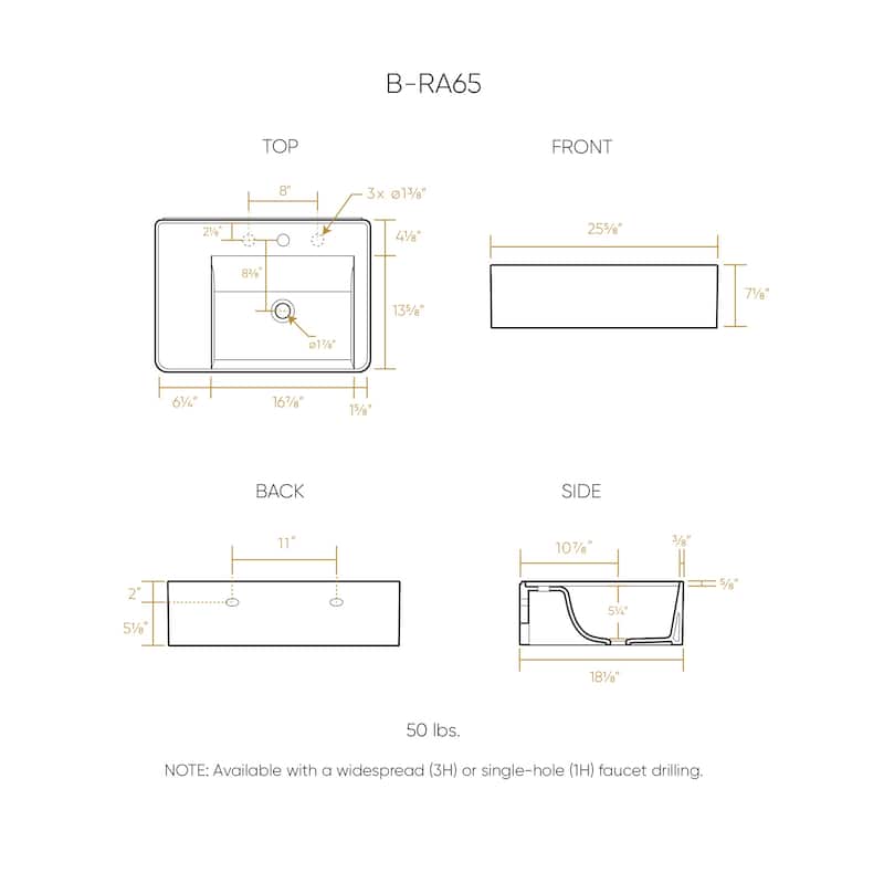 Rectangular Wall Mount Basin with Faucet Drilling Options and Rear Center Drain Location