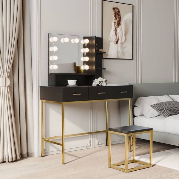 Black and Gold Minimalist Vanity with LED Lights and Spacious Storage - Bed  Bath & Beyond - 37774059