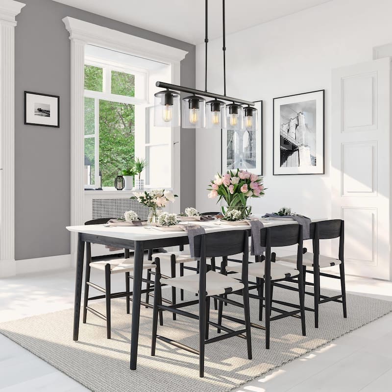 Farmhouse 5-Light Linear Black Chandelier with Clear Glass for Kitchen Island - L37"xW4.7"xH44.5"