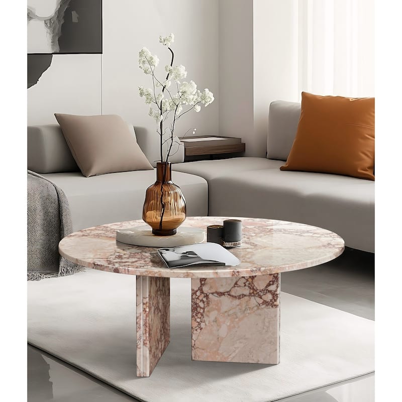 Roomfitters Round Natural Marble Coffee Table, Genuine Stone Living Room Table, Real Marble - Pink