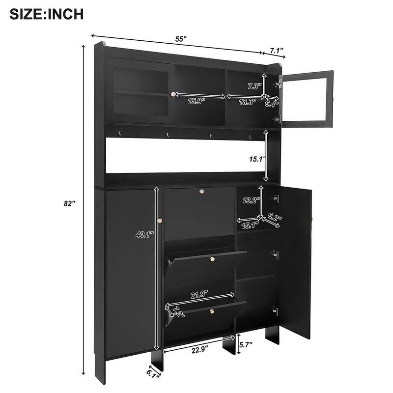 Hall Tree and Shoe Storage Bench with Flip Drawers and Doors