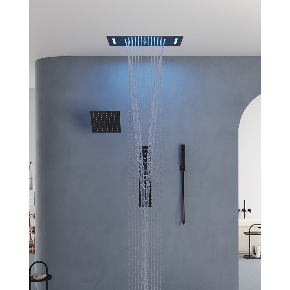 Dual Shower Heads System with 3 Spray Modes 22"*15" Ceiling and 6" Wall Mount Body Jets Handheld Spray LED Music