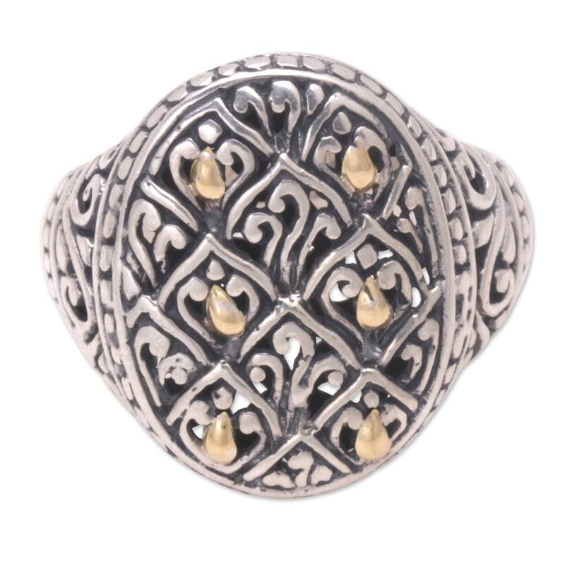 Novica Handmade Rice Terrace Gold-Accented Signet Ring - Silver - 9