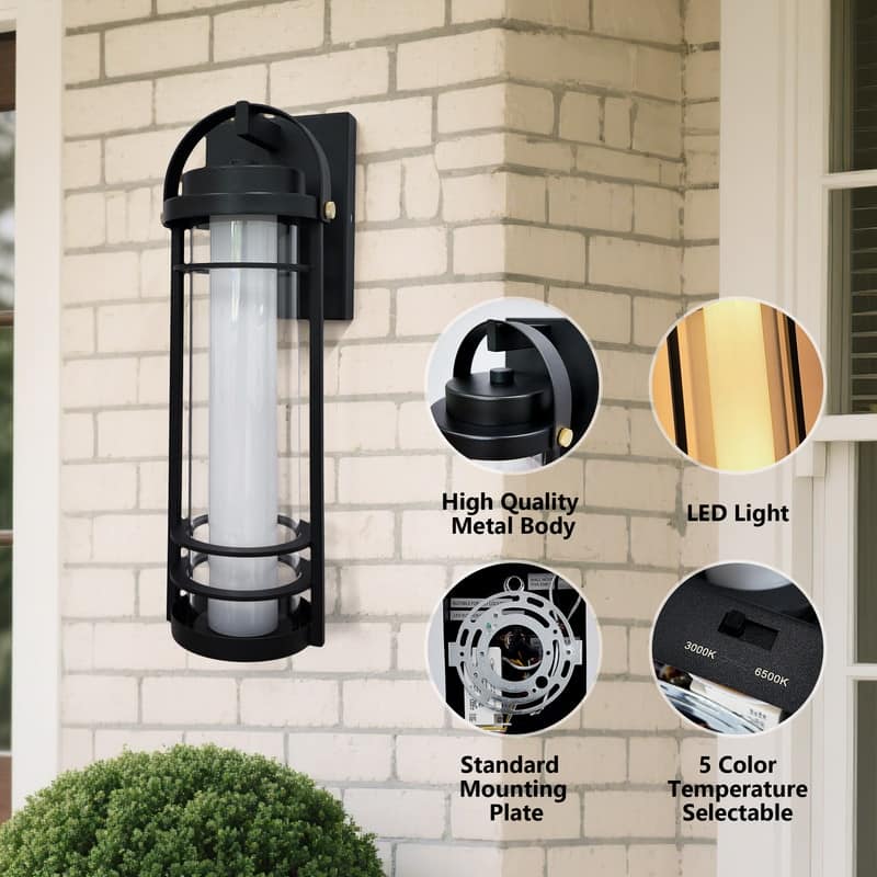 Modern LED Outdoor Wall Lanterns -15" Black Sconces With 5 Adjustable Color Temperatures, Waterproof (2-Pack)