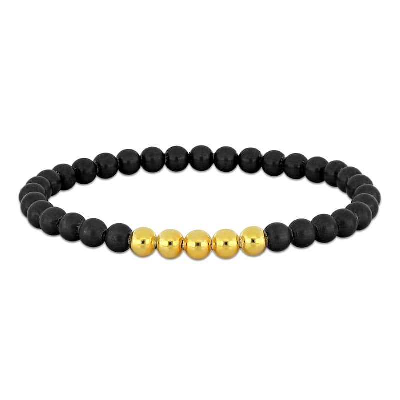 Miadora Men's 6mm Black Titanium Bead Bracelet Yellow Silver 9 in