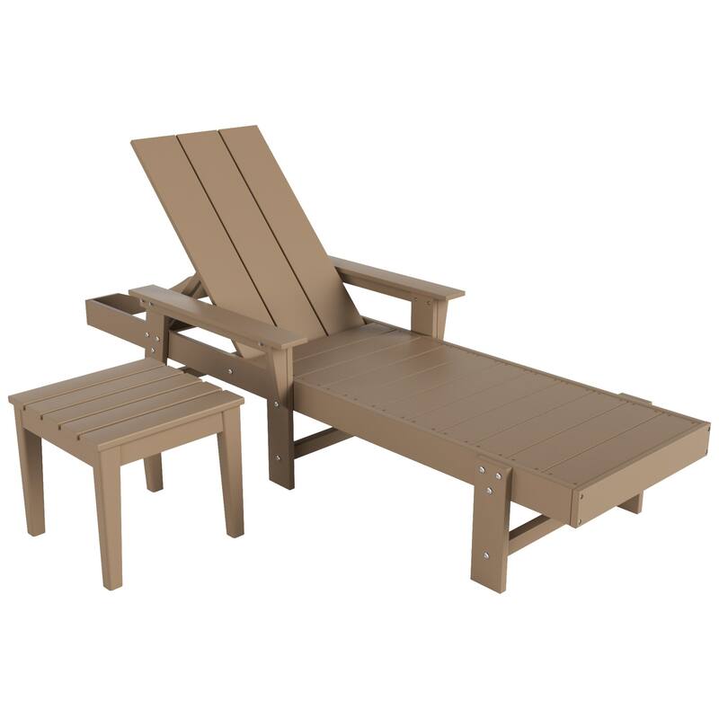 Polytrends Shoreside Modern Poly Eco-Friendly All Weather Reclining Chaise Lounge With Arms, Wheels, & Side Table (2-Piece Set)