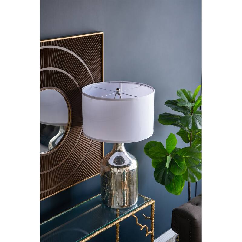 D18x32.2" Silver Round Table Lamp with White Fabric Shade - White+Silver