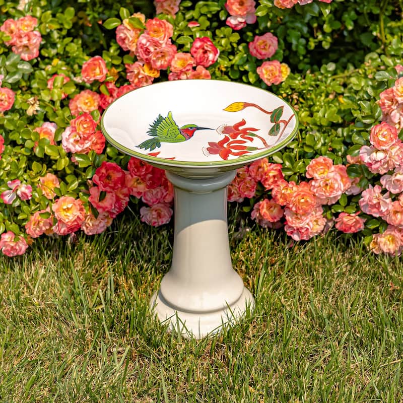 15 Inch Tall Porcelain Pedestal Birdbath - 13"x13"x15" - Off-White