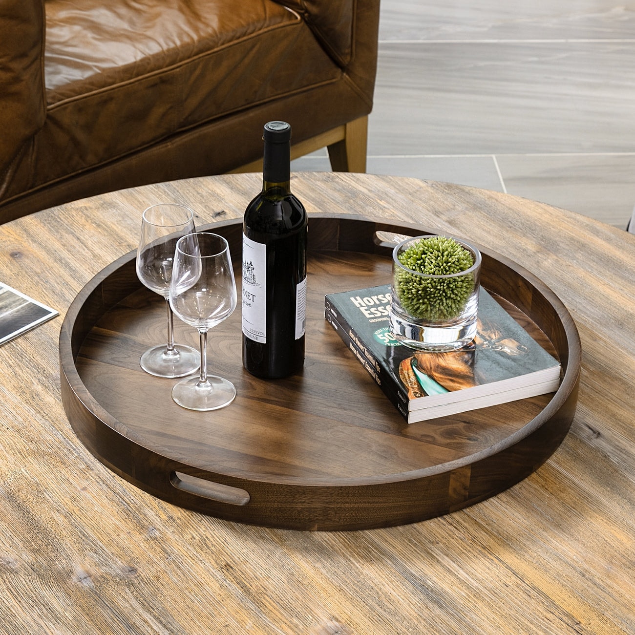 Round wooden clearance tray for ottoman