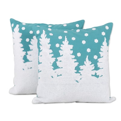 Novica Handmade Turquoise Winter Cotton Cushion Covers (Pair)