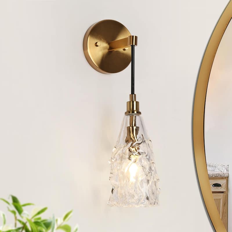 Uolla Modern Glam Art Deco 1-Light Brass Bathroom Wall Sconce with Hammerd Glass - D 4.5" x H 7.5"