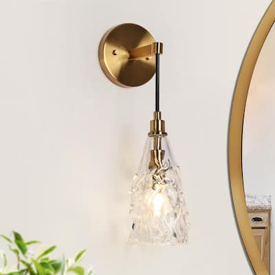 Uolla Modern Glam Art Deco 1-Light Brass Bathroom Wall Sconce with Hammerd Glass - D 4.5" x H 7.5"