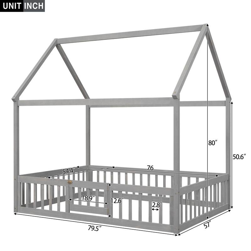 Pine Wood House Bed with Fence, Door, and Solid Construction