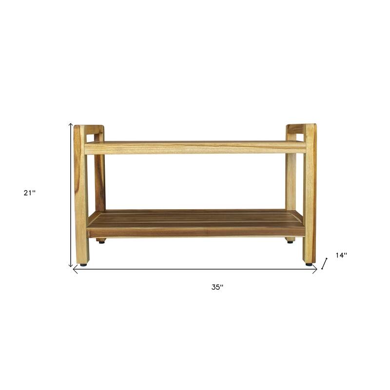 HomeRoots 35" Natural Teak Rectangular Shower Bench With Shelf