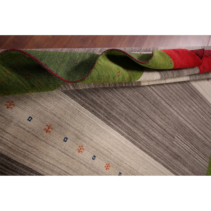 Striped Gabbeh Indian Area Rug Hand-Knotted Beige Wool Carpet - 8'4" x 9'8"