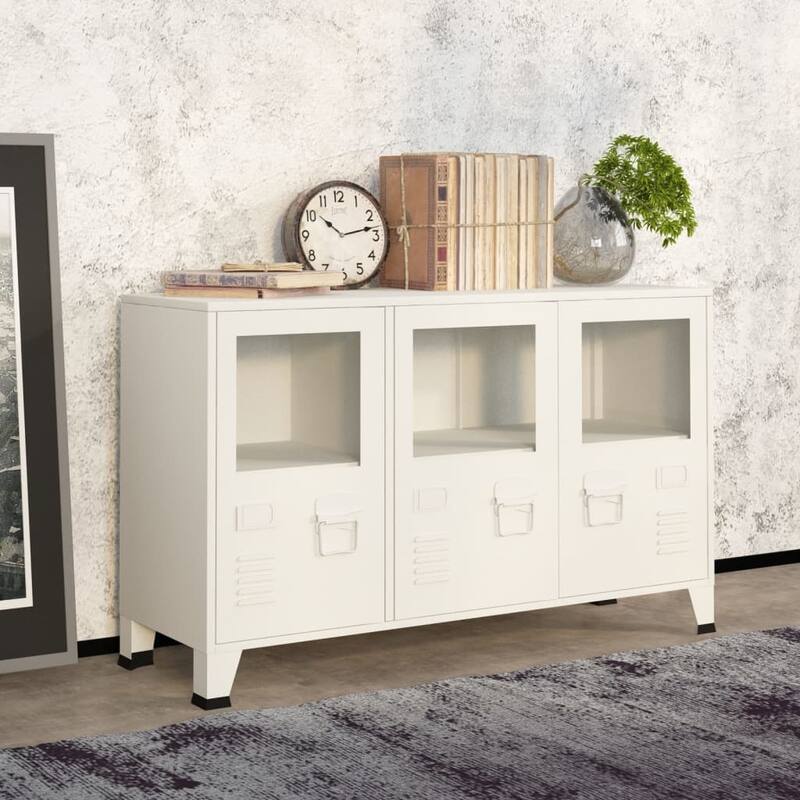 vidaXL Sideboard Industrial Storage Cabinet for Living Room Metal and Glass - 41.3" x 13.8" x 24.4" - White