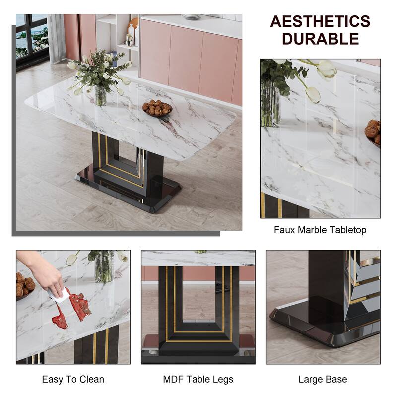 Modern Dining Table Set, 7-Piece Faux Marble Kitchen Table for 6-8, Glass Rectangular Dining Room Table with U-shaped Table Legs